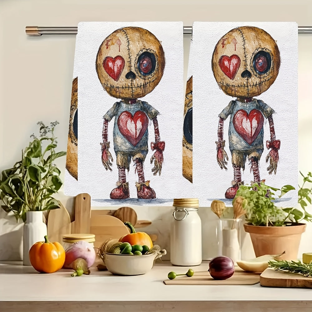 Set of 2 Ultra Soft Kitchen Towels featuring a Quirky Voodoo Doll with Heart Design, Exceptionally Absorbent & Easy to Clean, Size 40.64x60.96 cm - Ideal for Valentine's Day Decor, Festive Dish Towels|Unique and Fun Towel Design|Soft Knitted Texture