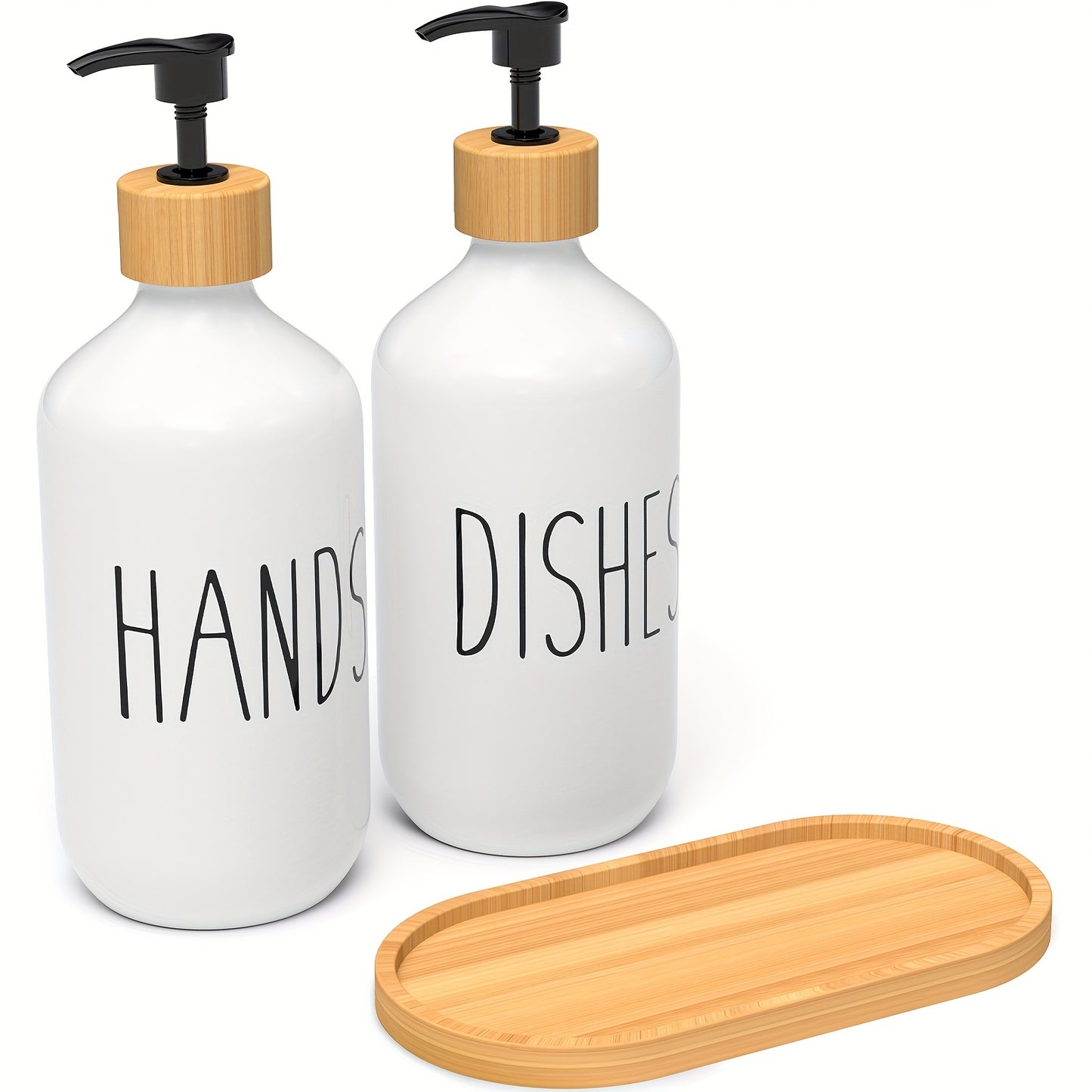 Set of 2 soap dispensers with wooden tray for bathroom. Refillable bottles for hand and dish soap. Bathroom accessories.