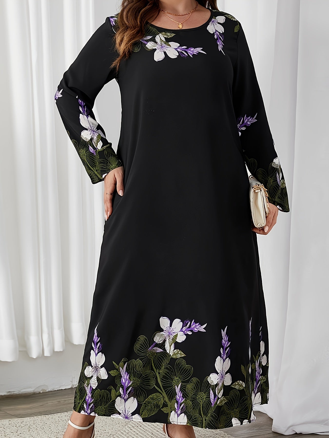 Floral Ankle Length Dress with Long Sleeves, Perfect for Spring & Fall, Plus Size Women's Clothing