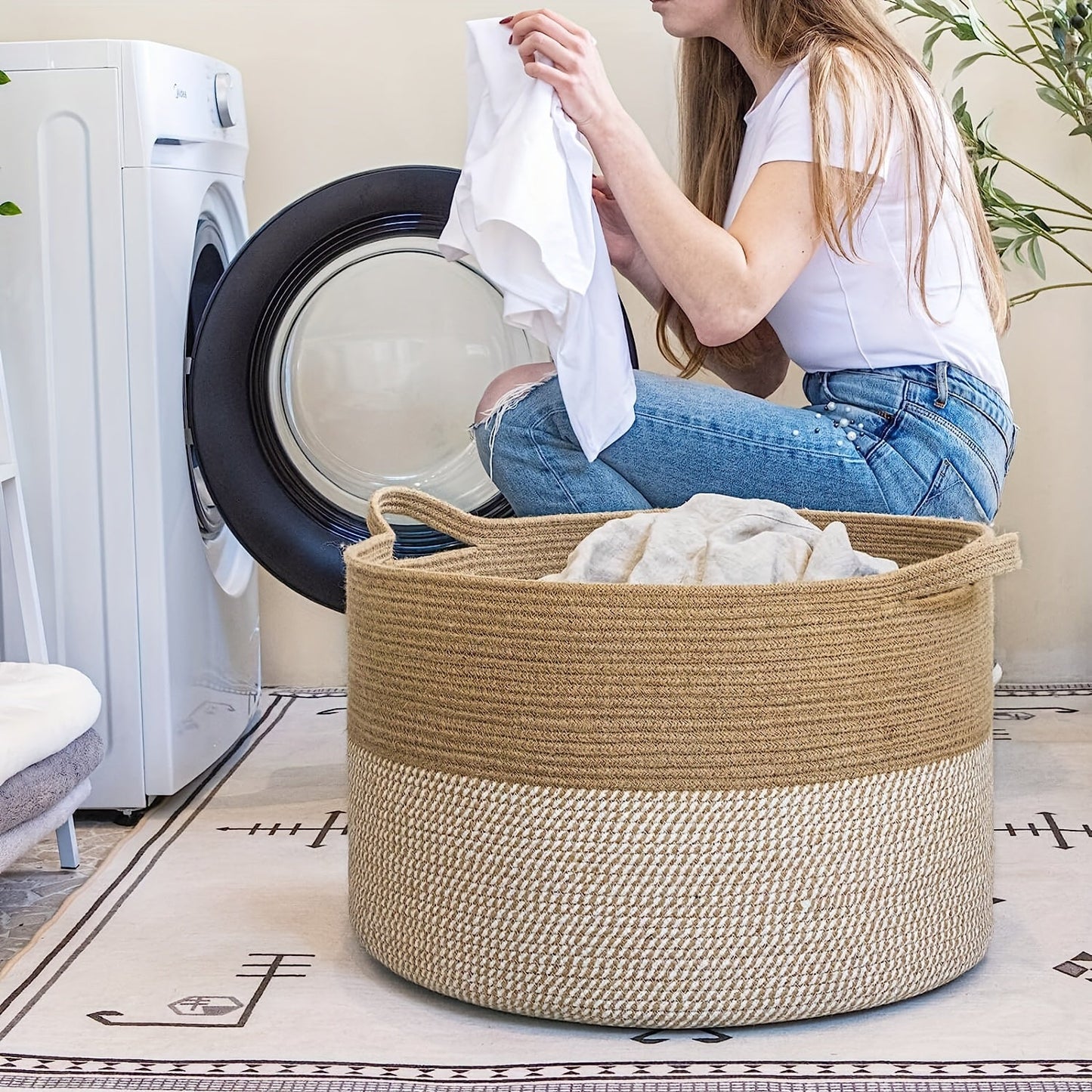 Large XXXLarge Rope Woven Basket, Measures 50.8cm x 50.8cm x 34.04cm. Ideal for Laundry, Blanket Storage in Living Room & Bedroom. Features Toy Organizer Basket with Handle. Perfect for Storing Comforter Cushions, Laundry Hamper Storage, and Home