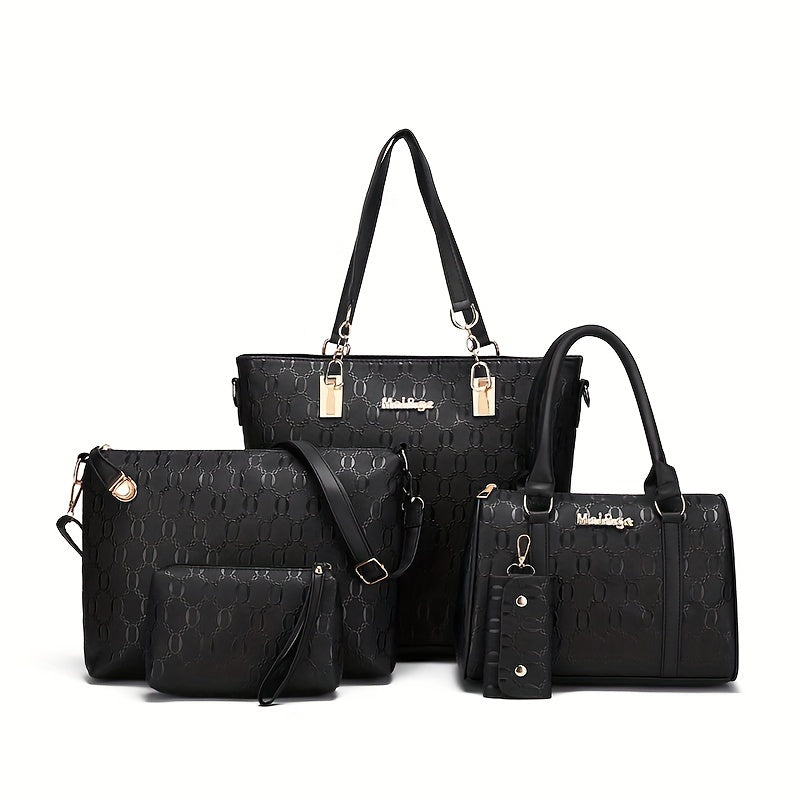 5 piece faux leather handbag set for women, includes tote, satchel, crossbody, shoulder bag, and wallet with detachable strap and zipper closure. Features embossed design and polyester