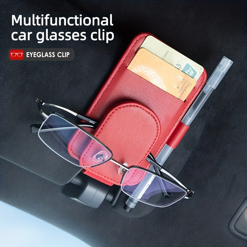 Car Sunglass Holder with Magnetic Attachment, Faux Leather Sunglass Clip for Car Visor with Storage for Glasses and Cards