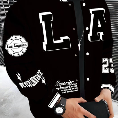 Men's LA Baseball Jacket in red and black with white lettering, "SUPERIOR QUALITY" embroidery. Made of lightweight and warm polyester with pockets, featuring a hip hop rock style.