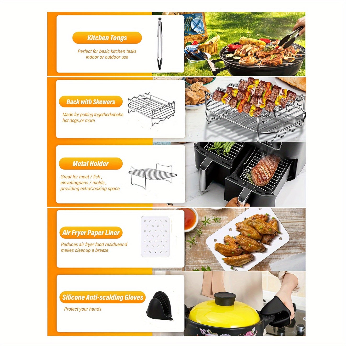 Get your hands on the 5-piece Dual Basket Air Fryer Accessories Set, perfect for use with Ninja Foodi DZ401, DZ550, DZ302, and other 10 Quart 2-Basket DualZone Air Fryers. This set includes an Air Fryer Rack Set, 100 Paper Liners, Silicone Anti-scalding