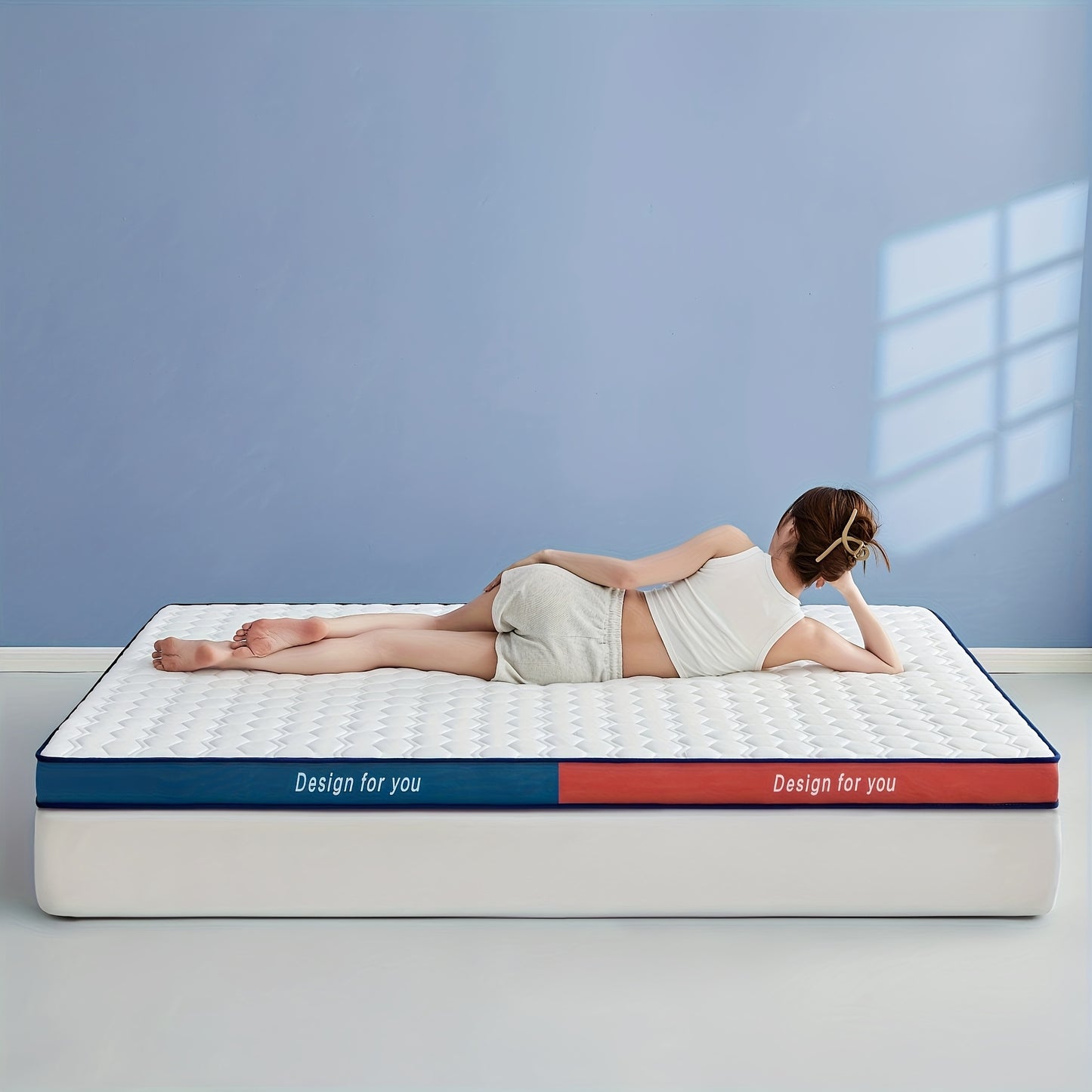 1-piece, 8cm thick memory foam mattress in white, soft to medium firmness. Foldable for easy storage. Made of latex & PU foam with polyester cover. Features active print. Designed for