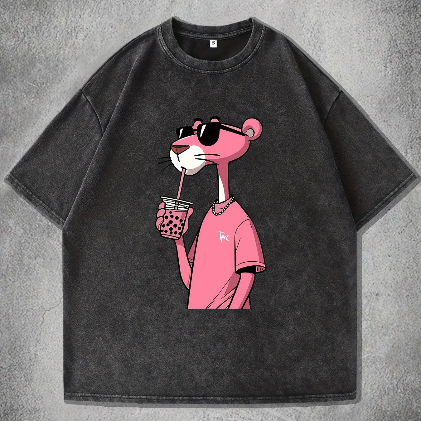 Women's vintage wash t-shirt with pink panther print.