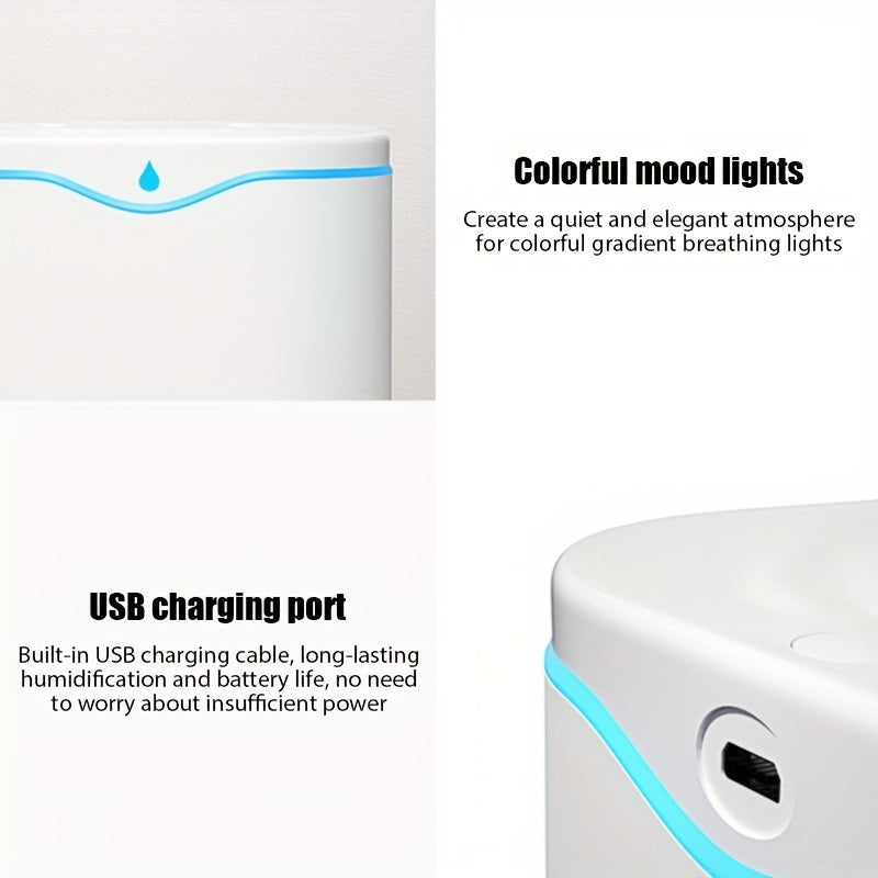 Portable USB humidifier with 2 mist modes, 7-color light, and auto shut-off. Suitable for travel, home, or bedroom use.