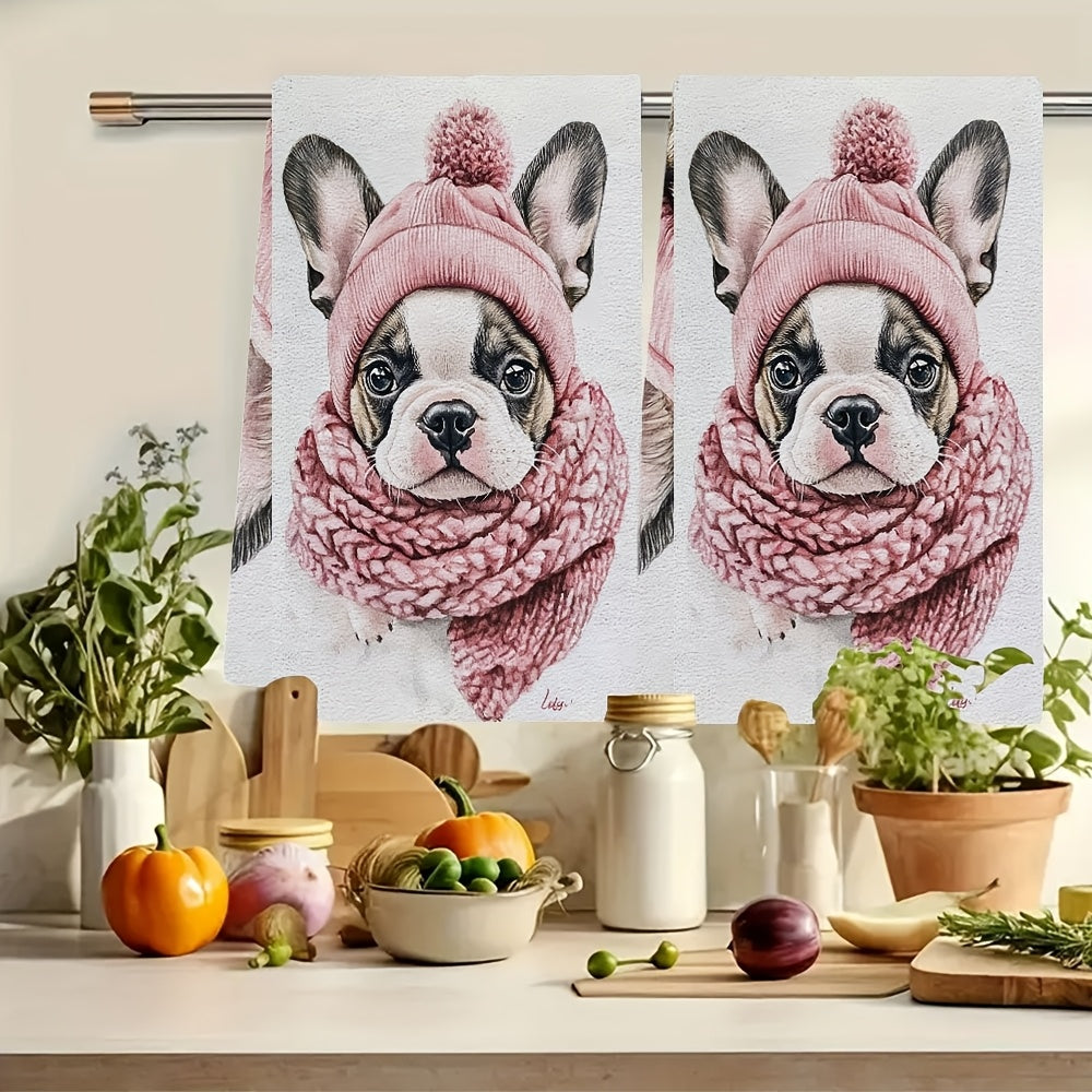 Set of 2 Ultra Soft Kitchen Towels featuring a Cute French Bulldog Puppy with Pink Hat & Scarf, Excellent Absorbency & Easy Care, Perfect for Valentine's Day Decor, Size 40.64x60.96 cm, Dish Towels