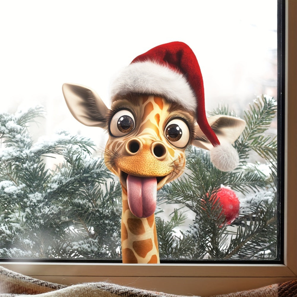 Giraffe wearing a hat and sunglasses Christmas window stickers, candy and deco art decals for Christmas party decorations in the home.