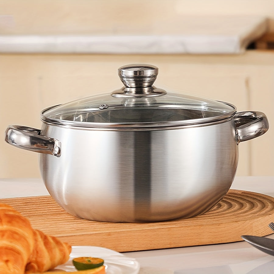 This stainless steel round pot set includes 3 pots and 3 lids, featuring a double handle design. They are dishwasher safe and compatible with various stoves, making them ideal for both home and restaurant cooking. The pots are perfect for preparing