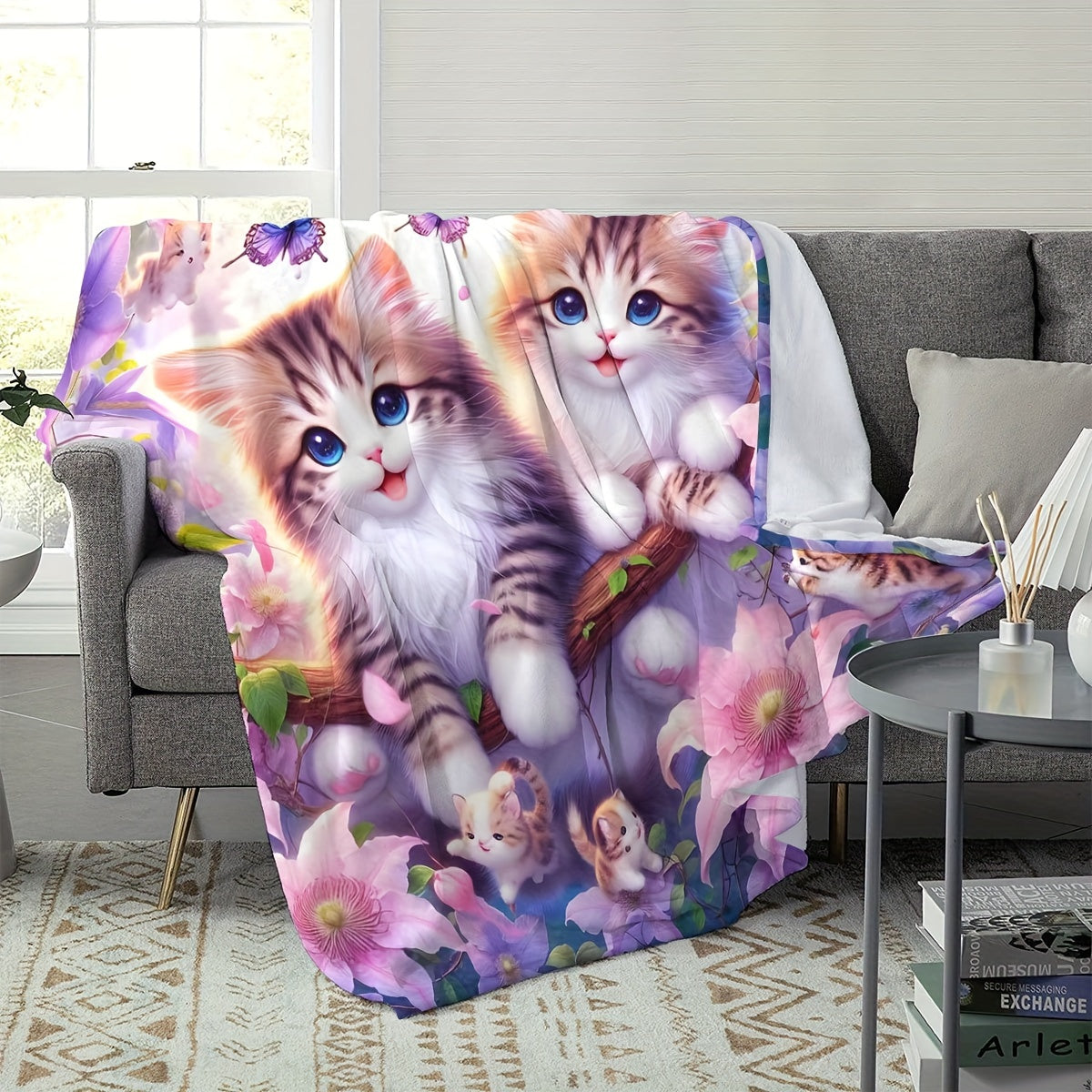 Soft and cozy plush throw blanket featuring a cute cat print design. Made of knitted flannel polyester, this all-season blanket is perfect for home, kitchen, bed, picnic, travel, and makes a great Christmas gift. With a contemporary style and weighing