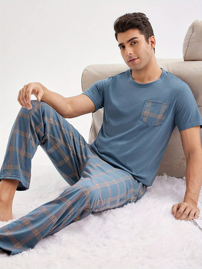 Men's casual blue short-sleeve top and plaid long pants set made of soft polyester for loungewear at home or out.