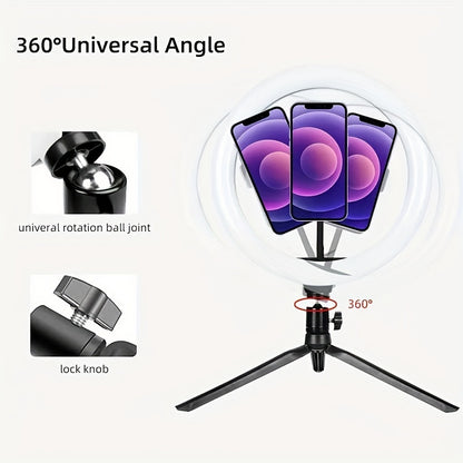 25.4cm USB-powered LED Ring Light with adjustable color temperature, 120 LEDs, 360° rotatable gooseneck, tripod stand, and phone holder for video blogging, photography, and live streaming.