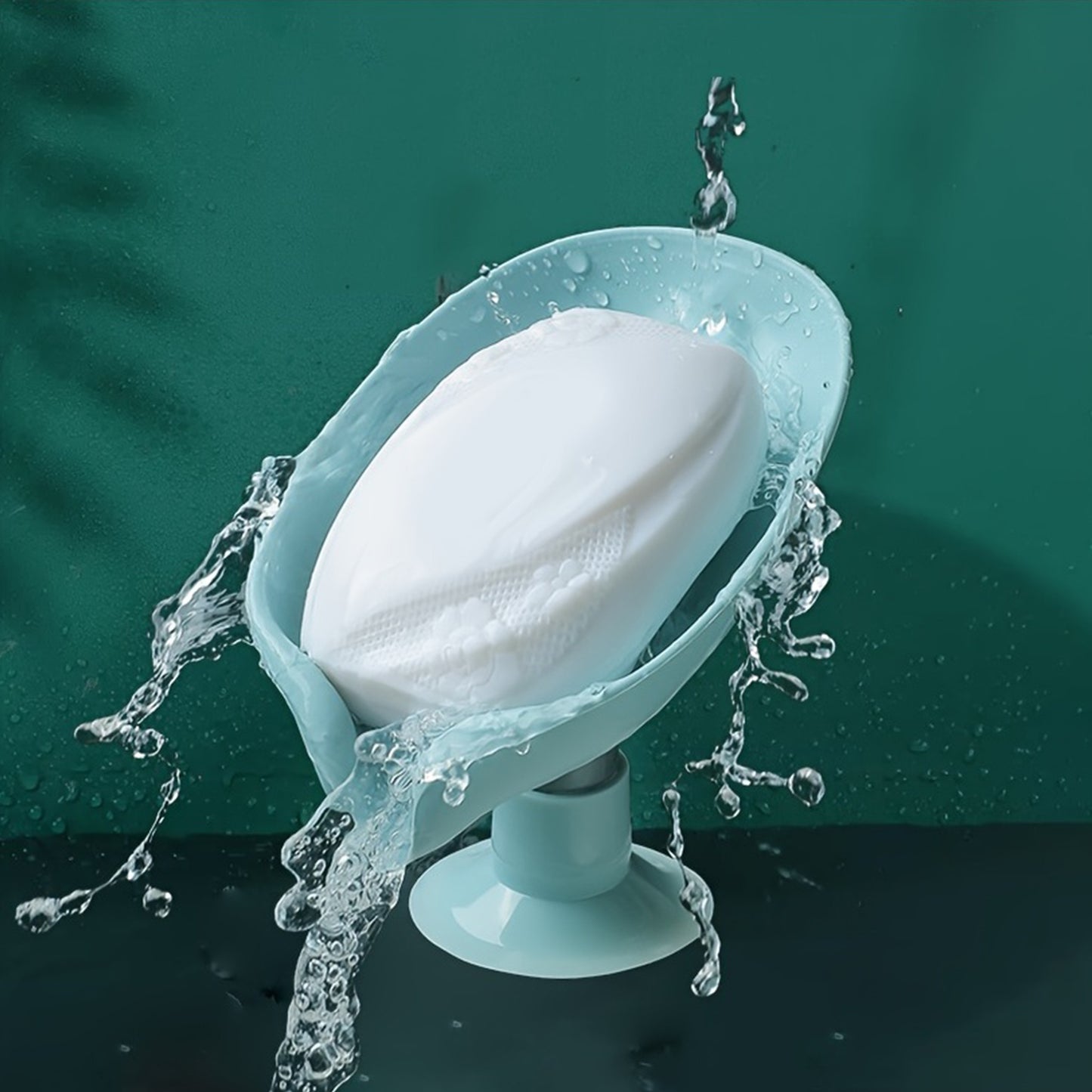 Leaf-shaped soap dish with strong suction and drainage in green/gray color, does not require electricity, enhances bathroom decor, keeps soap dry.