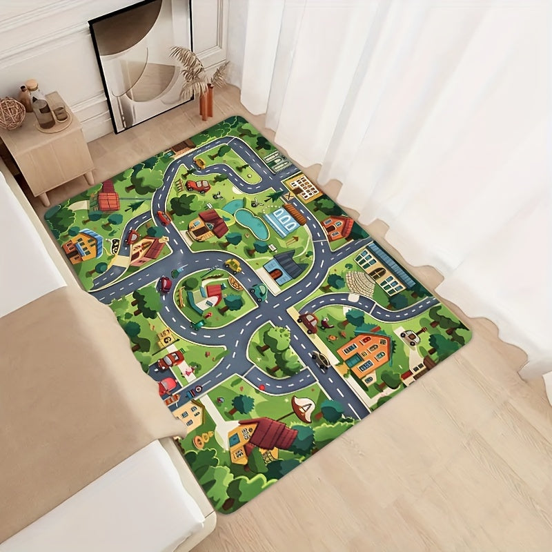 Green cartoon village design carpet suitable for use in children's rooms, bathrooms, kitchens, living rooms, bedrooms, interior doors, and entryways. The carpet has a thickness of 8mm and can be machine washed. Ideal for adding a decorative touch to your