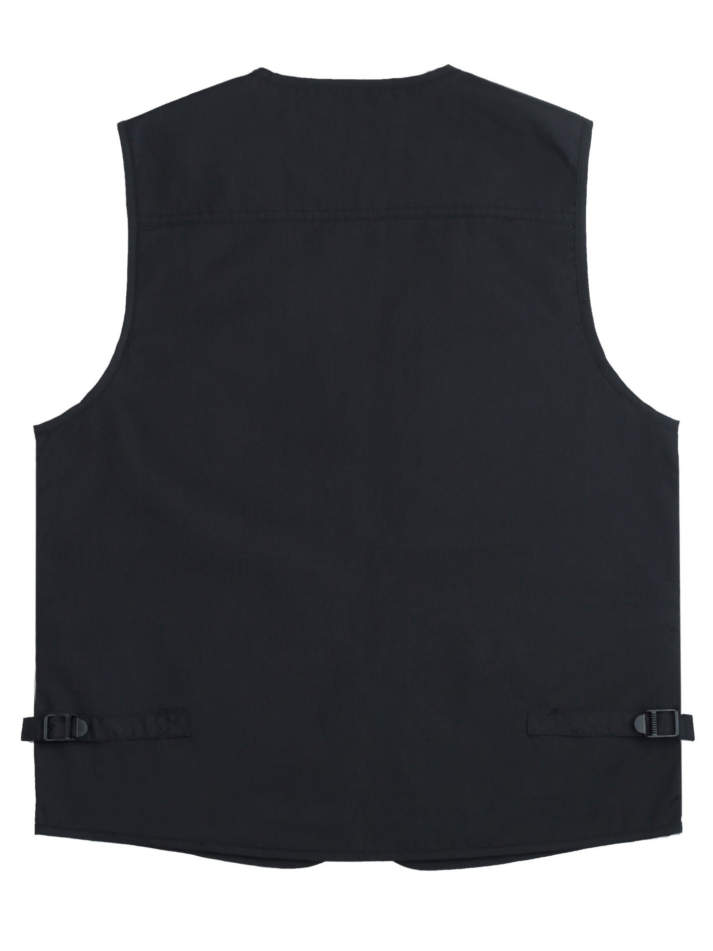 Black polyester blend men's plus size lightweight cargo vest with multiple pockets and zipper for outdoor activities. Perfect for spring/summer, photography, fishing, hunting, and travel.