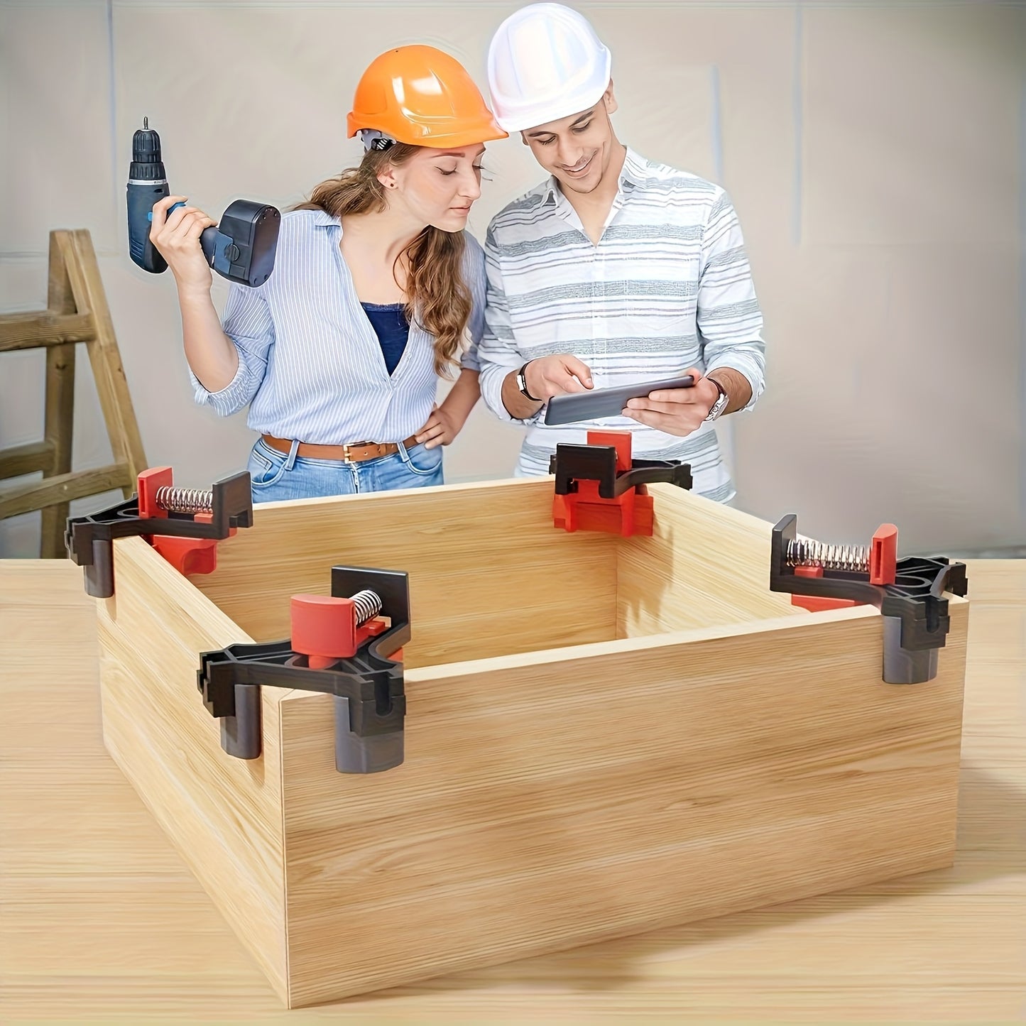 4 ABS corner clamps for photo frames and DIY projects, with adjustable 90-degree angle grips and T-joint frames.