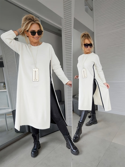 Versatile white pullover for plus-size women with slimming effect and asymmetrical zip detail