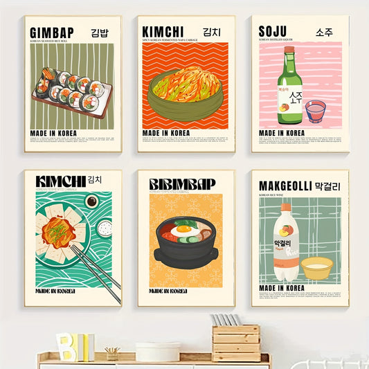 Set of 6 Retro Korean Kimchi Cuisine Canvas Wall Art, 29.97x39.88cm - Frameless Posters for Kitchen Décor.