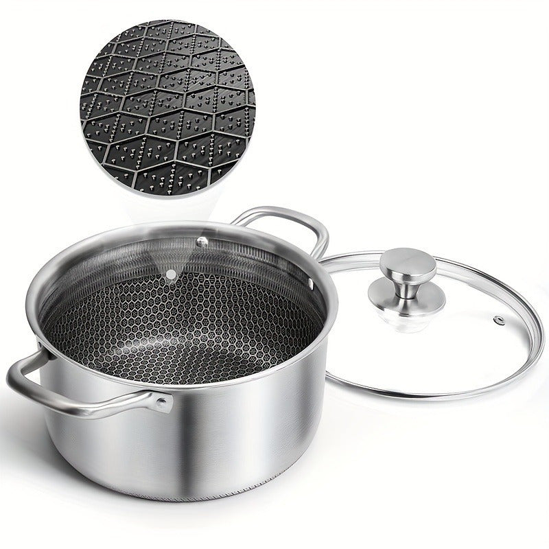 Saucepan made of durable stainless steel with a transparent glass lid. Features a non-stick surface, perfect for use on induction cookers. The honeycomb design ensures even heat distribution. This versatile cookware is dishwasher and oven safe.