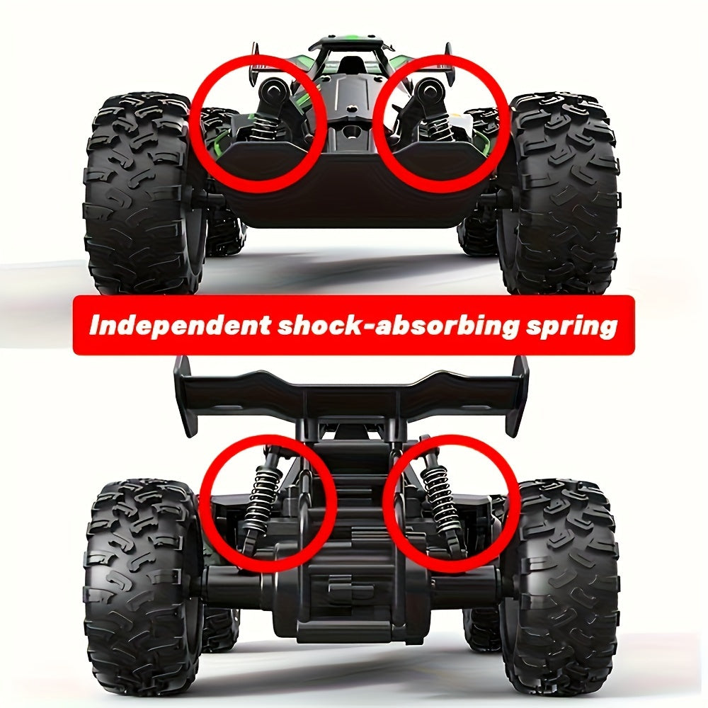 1:18 scale off-road RC car with 2.4G remote control, independent shock absorbers, dual battery, and large tires for all-terrain play.