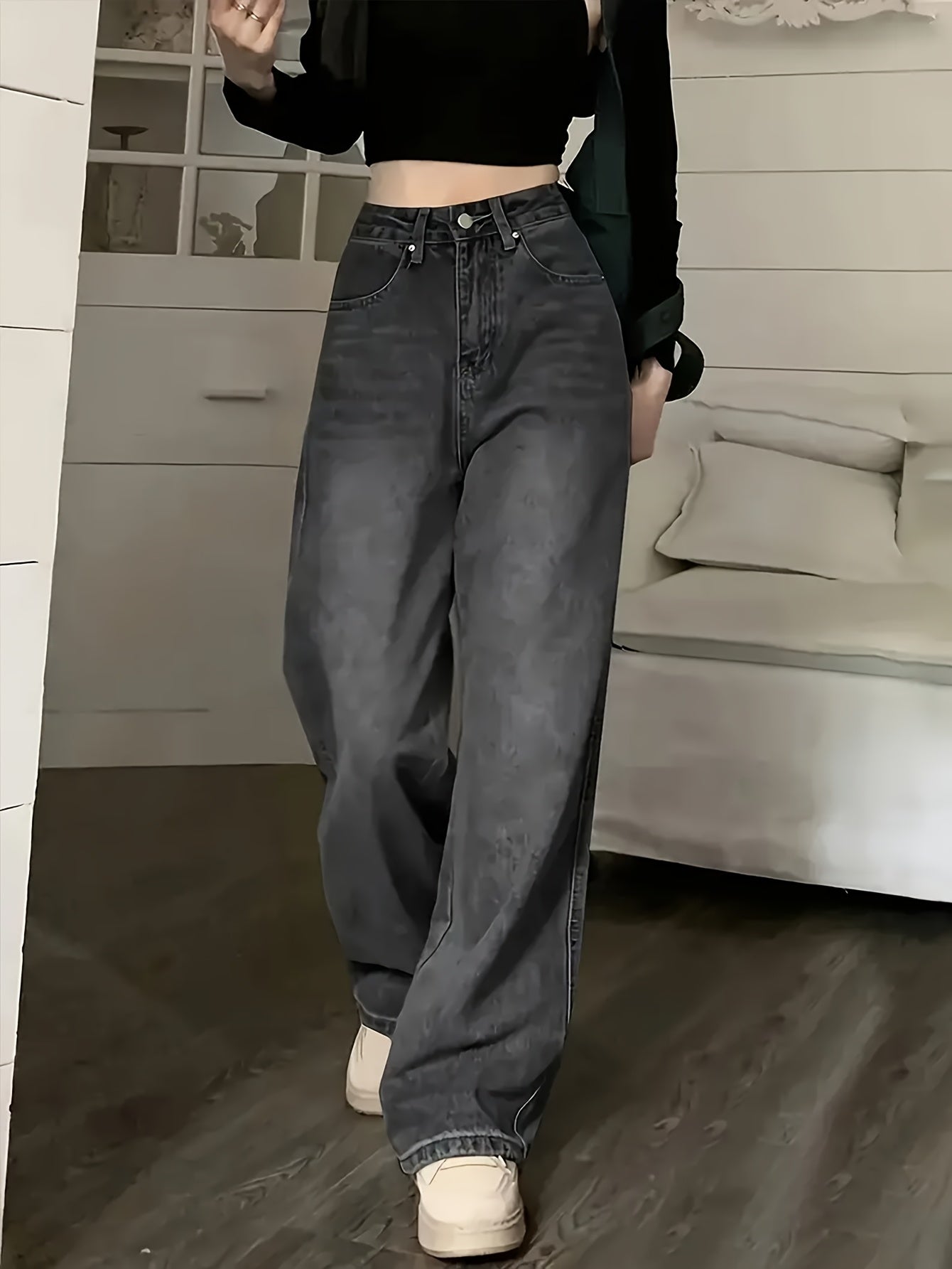 Women's Wide Leg Jeans in Black and Gray Korean Design