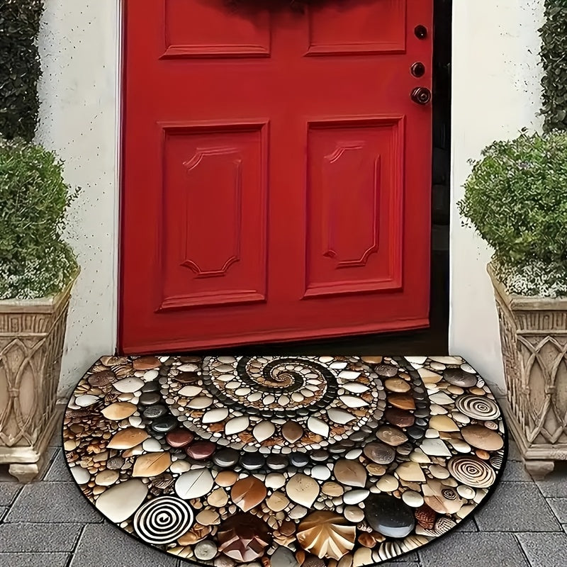 Colorful pebble welcome mat with spiral stone design in brown, beige, white, and black. Made of velvet with non-slip rubber backing. Ideal for front door, bedroom, kitchen, and bathroom