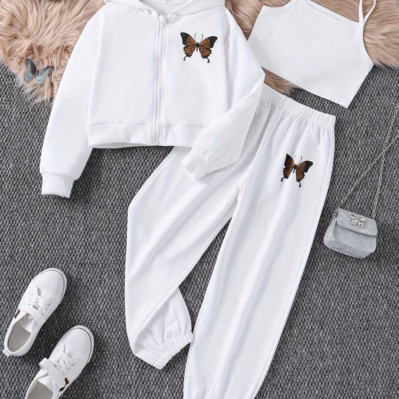 Girls' 3-piece set: Zipper hoodie sweater with butterfly print, casual sweatpants, and suspenders.