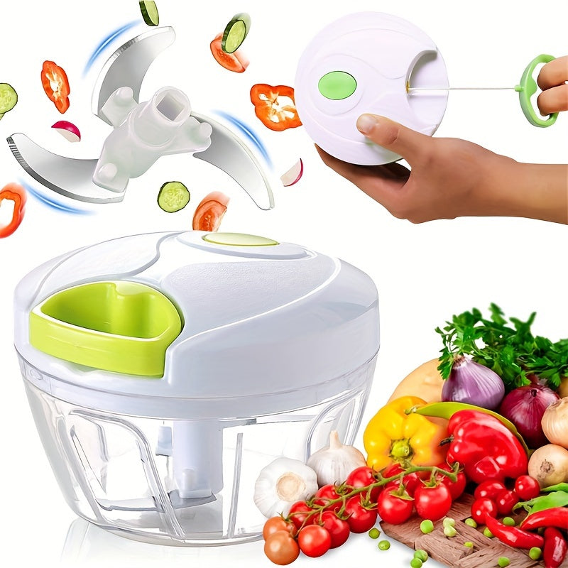 Hand operated food chopper made of durable ABS material, suitable for chopping garlic, vegetables, fruits, nuts, and herbs. No electricity required for use on onions, meat, peppers, carrots, and more.