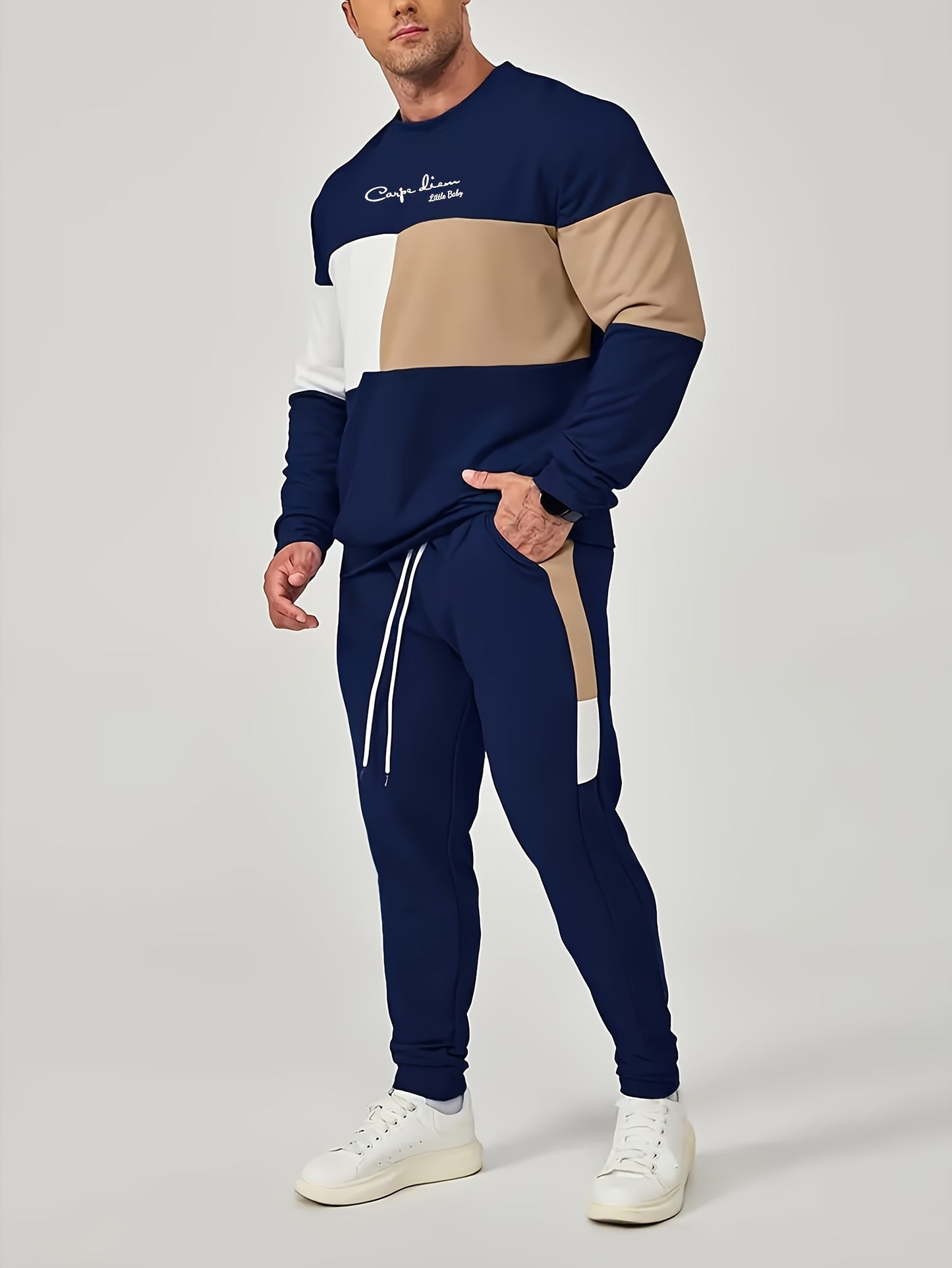 Men's polyester tracksuit set with crew neck sweatshirt and joggers, color block print, slight stretch fabric, regular fit, for fall sportswear.