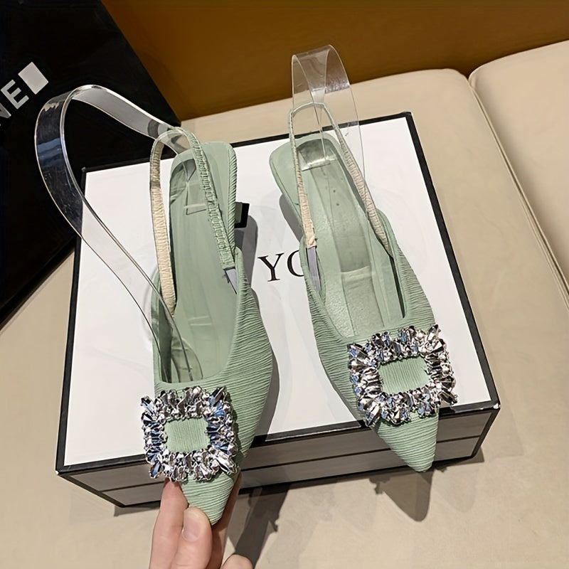 Ladies French-style kitten heel sandals with rhinestone buckle detail, in light green, beige, and black.