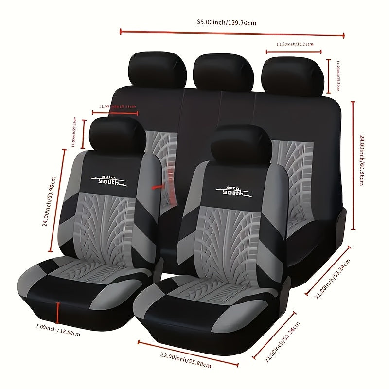 Universal nine-piece car seat cover set with soft, sponge filling and stylish tire trace design. Suitable for all seasons and most car models. Acts as a car seat protector.