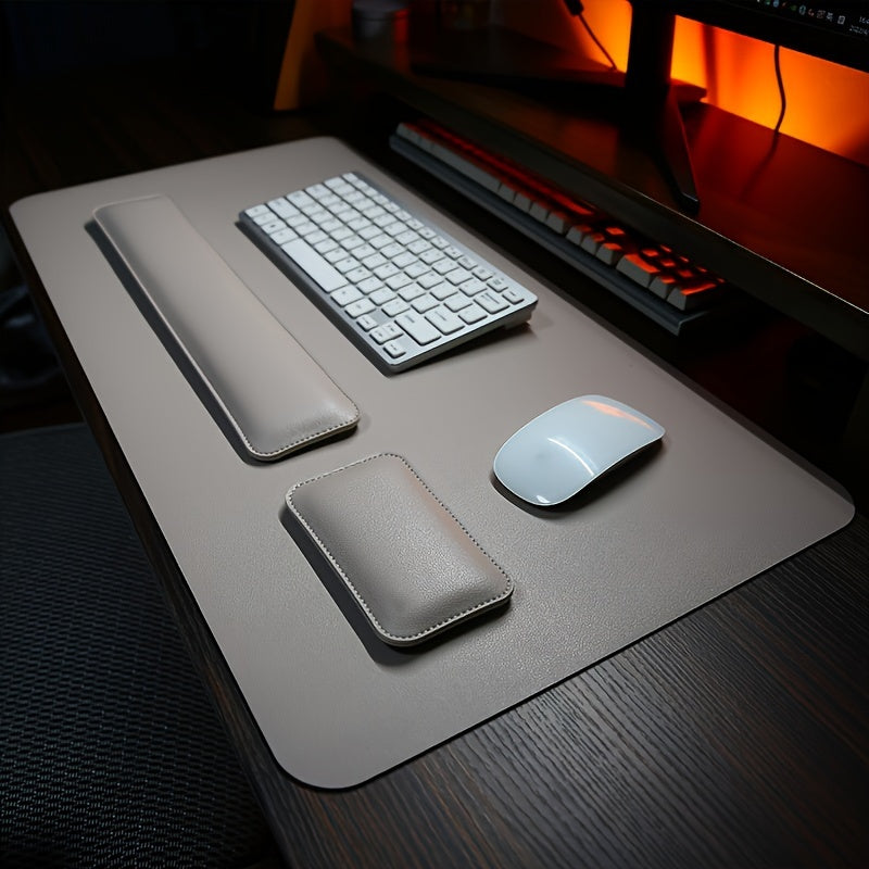 Ergonomic 3-piece desk set includes large faux leather mouse pad, keyboard mat, and wrist support for non-slip office desk protection.