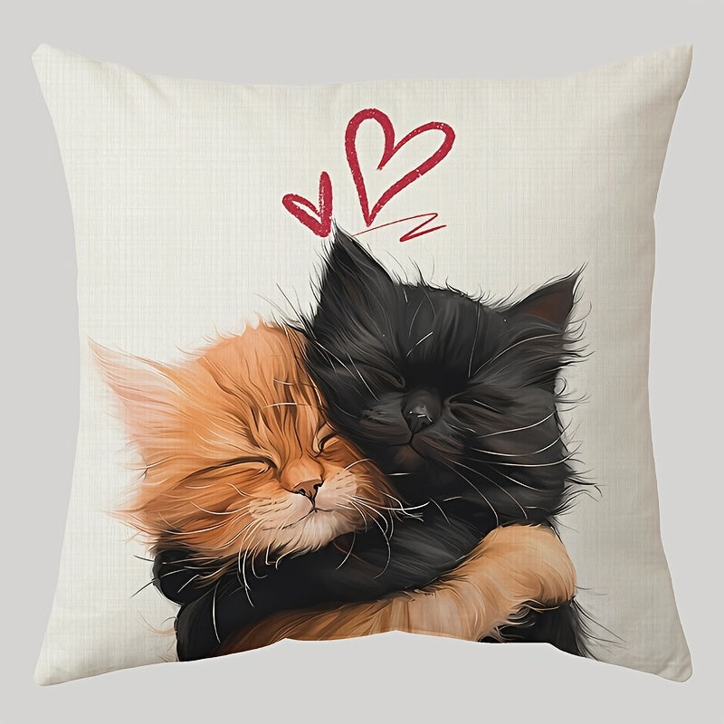 Adorable cat hug linen pillowcase, measuring 44.96cm x 44.96cm - perfect for cozy home decor. Features zip closure, machine washable design, and no insert included. Ideal for sofa, living room, or bedroom.