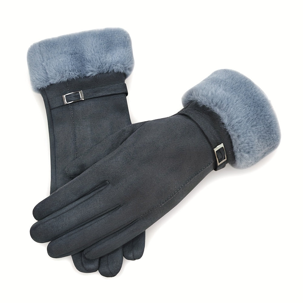 Winter gloves for women that are touchscreen-compatible, made of warm suede with plush lining, featuring an elastic fit and available in multiple colors.