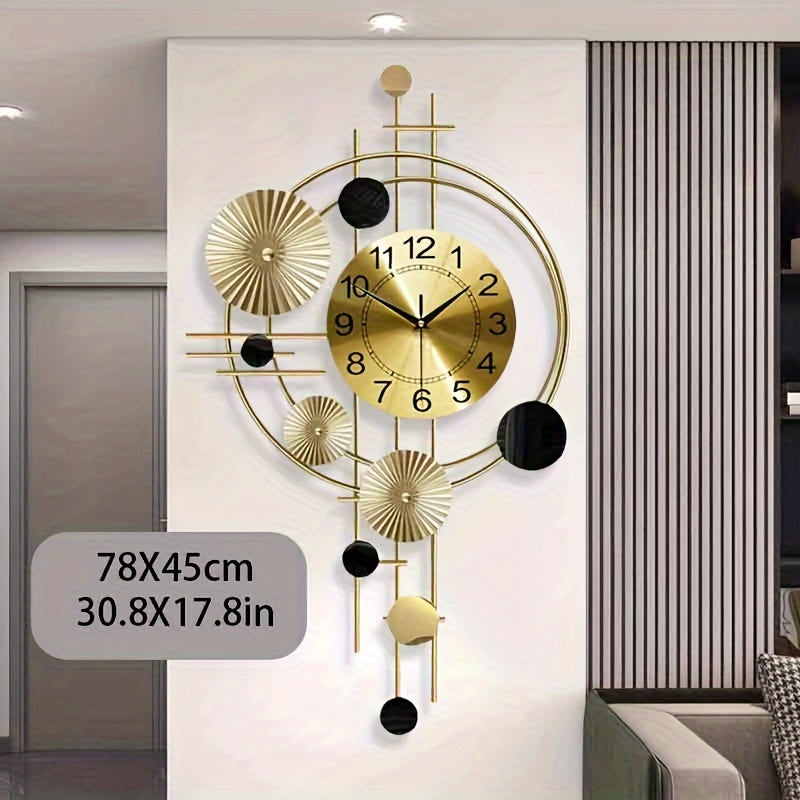 Contemporary Nordic-style wall clock with geometric design, large numbers, and digital display. Battery-powered and perfect for home decor. Iron construction.