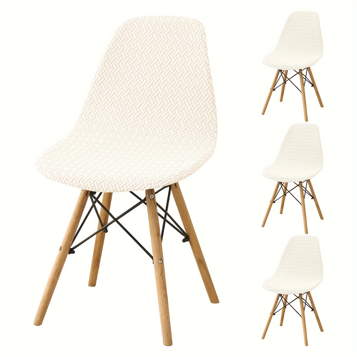 6 contemporary chair covers for dining chairs in a shell style, made from a stretchy polyester-spandex blend. Easy to clean in the washing machine with an elastic band closure and slipcover-grip design, perfect for home or hotel use.