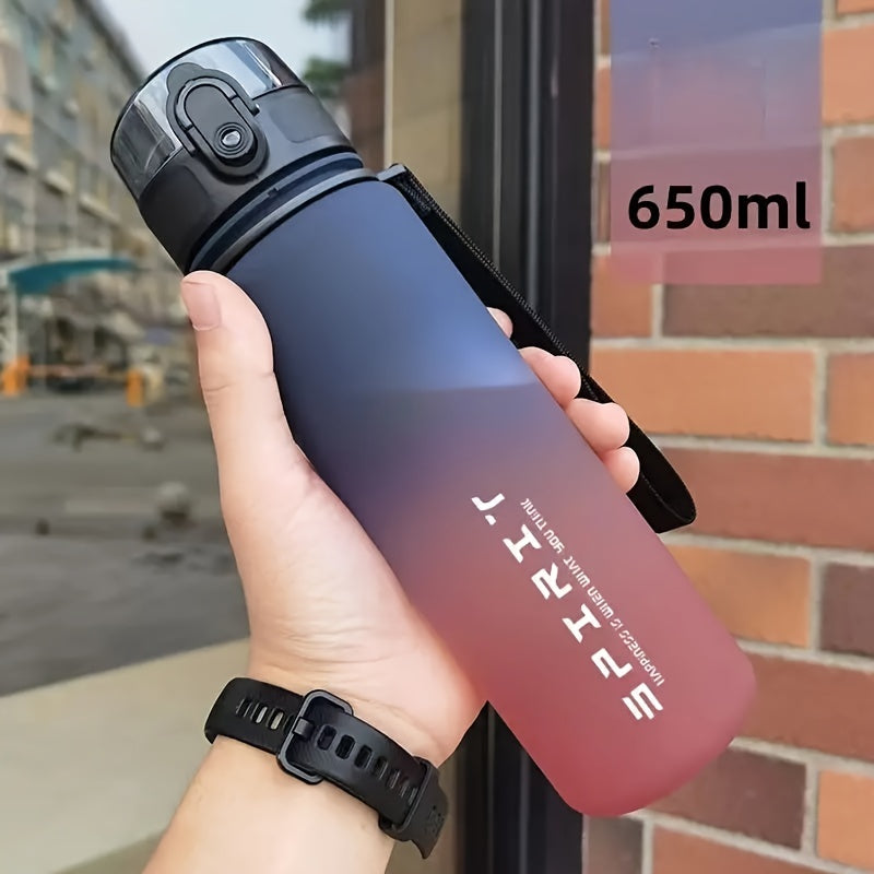 Leakproof water bottle with time marker and carrying strap.