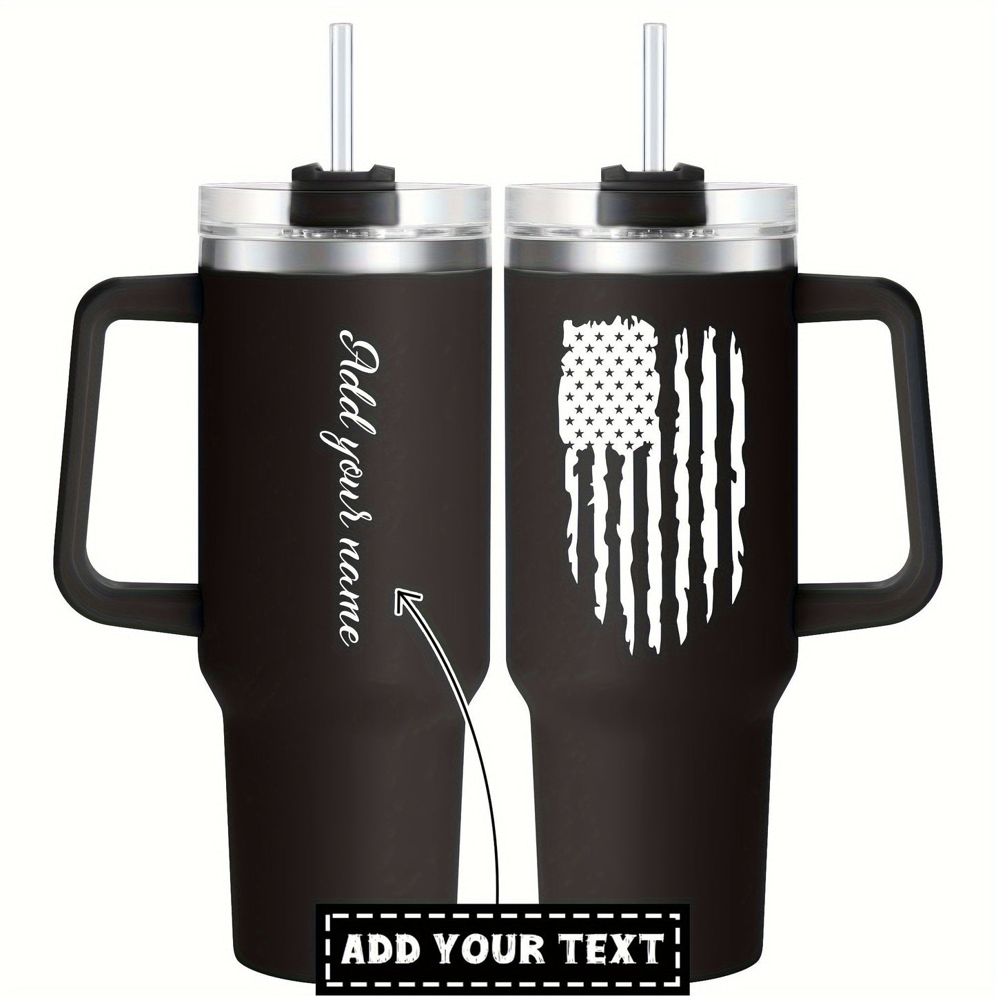 Introducing our custom 40oz stainless steel tumbler with a convenient handle and lid. This personalized tumbler features an American flag print and is double wall vacuum insulated for keeping your drinks at the perfect temperature while you're on the go.