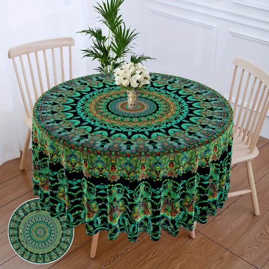 1pc Round polyester tablecloth with bohemian floral pattern. Waterproof and suitable for dining tables or as a decorative tapestry. Multi-purpose for use in backyard barbecues, picnics, or room decor.