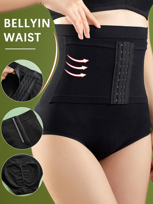 High-waisted tummy control briefs for women with front closure made of nylon spandex blend knit fabric. Solid color with button detail, high stretch shapewear underwear.