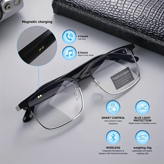 Wireless audio smart glasses with mic & speakers, polarized lenses, and voice assistant.