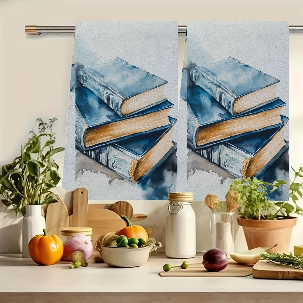 2 pieces of ultra soft kitchen towels featuring a contemporary hardcover book design. These towels are highly absorbent, machine washable, and perfect for drying dishes and hands. They have a coastal decor theme and measure 40.64x60.96 cm.