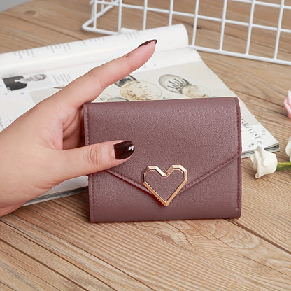 Women's mini wallet with heart-shaped design, card slots, coin pouch, faux leather