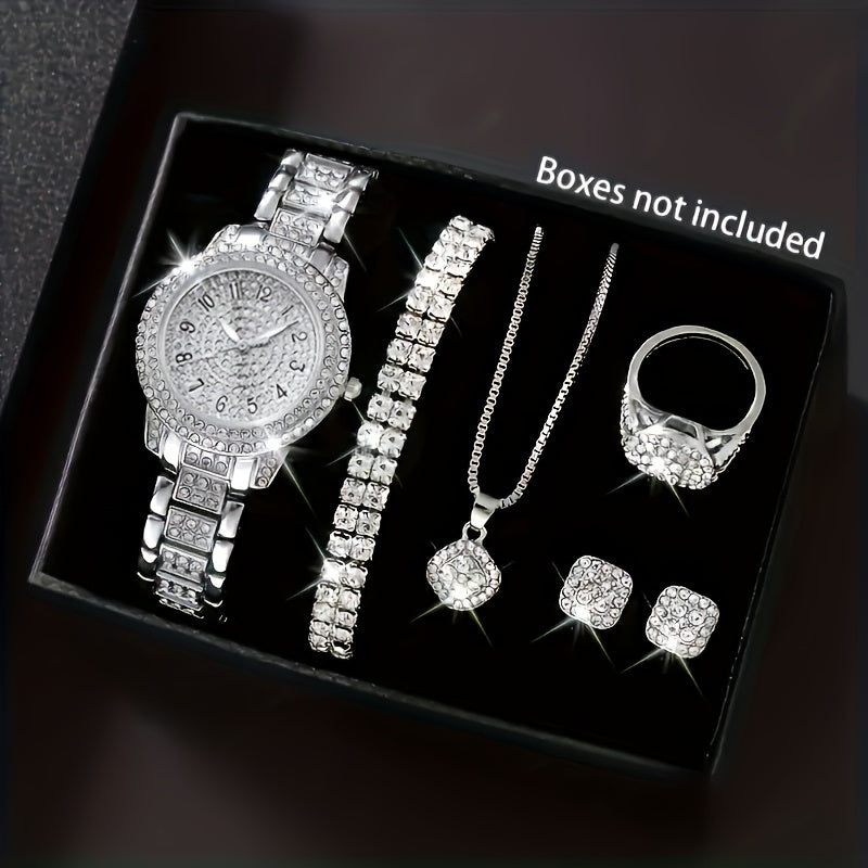 Set includes 7 chic women's fashion accessories: watch, necklace, bracelet, ring, and earrings with alloy band and non-rechargeable battery.