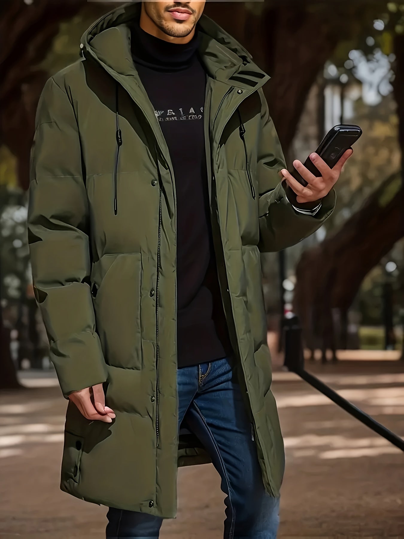 Men's casual hooded jacket made of 100% polyester with a solid color, regular fit, non-stretch fabric, zipper detail, and warm winter coat features.