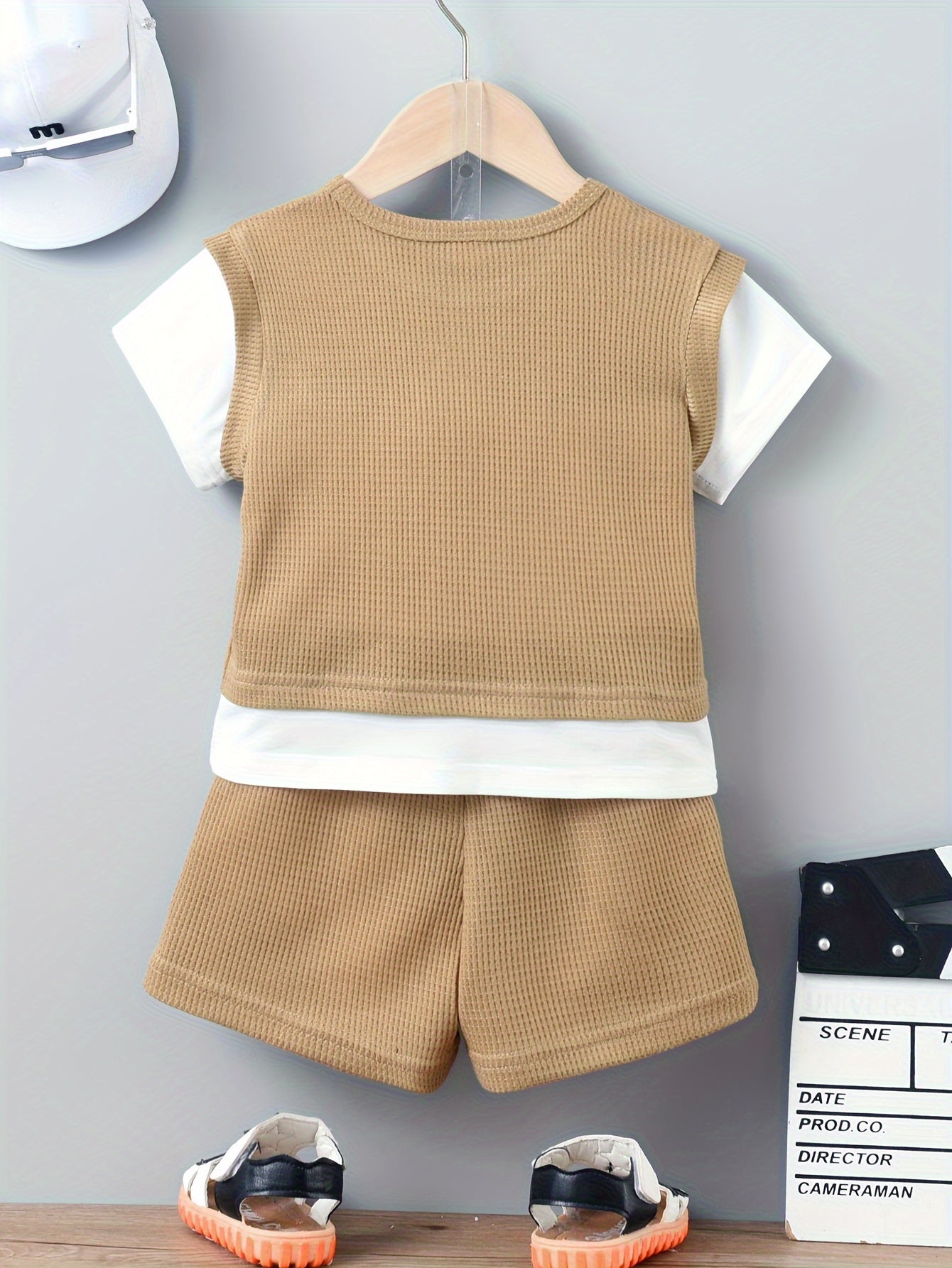 Kid's summer outfit with waffle textured t-shirt and casual shorts.