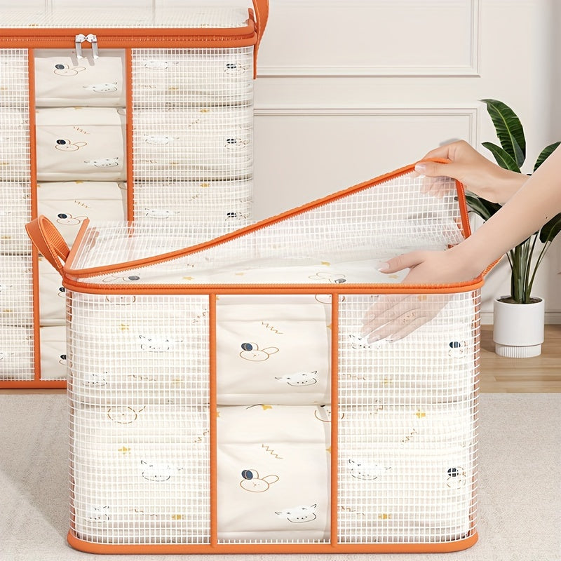 Large capacity transparent PVC storage bag with fixed handles, waterproof and dustproof, ideal for organizing dorm clothes and bedding, as well as providing a practical under-bed storage solution in the bedroom.