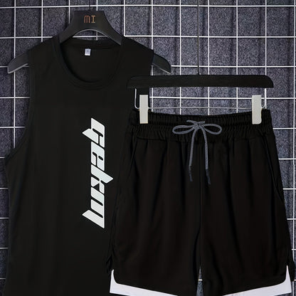 Men's 2-piece outfit with letter print tank top and loose basketball shorts.