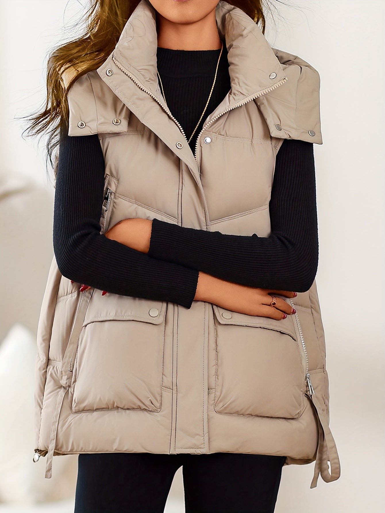 Solid color padded vest jacket for fall & winter, plus size women's clothing with stand-up collar.